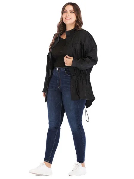 Milanoo Plus Size Coat For Women Black Stand Collar Long Sleeves Buttons Cotton Polyester Wind-Proof