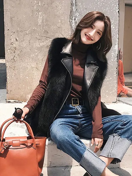 Milanoo Faux Fur Coats For Women Sleeveless Casual Jewel Neck Black Winter Vest Coat