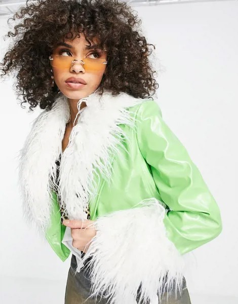 Ярко-зеленая короткая куртка со съемной отделкой Jayley-Зеленый цвет