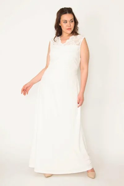 Женское длинное платье большого размера с костяным кружевом на подкладке 65n35425 Şans, экрю