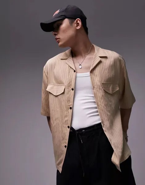 Светло-коричневая рубашка свободного кроя с короткими рукавами Topman, двумя нагрудными карманами и полосками