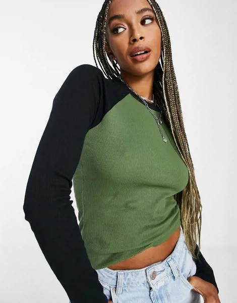 Оливковый лонгслив в бейсбольном стиле Topshop-Зеленый цвет