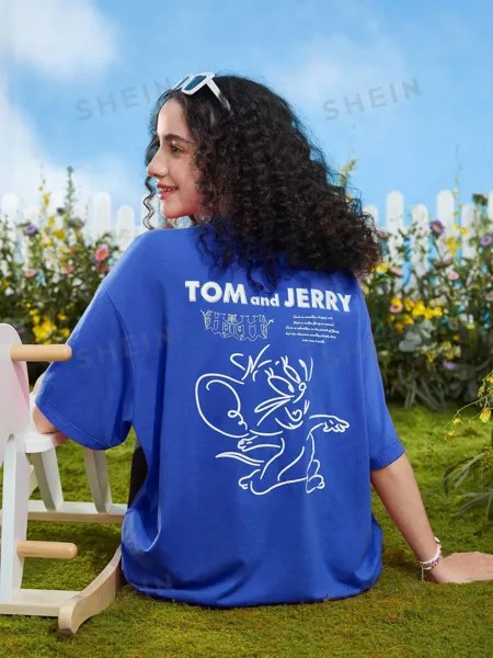 Женская футболка свободного кроя с принтом SHEIN, королевский синий