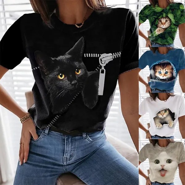 Женская 3D кошка Забавная футболка Футболка Cat Графика 3D-печать Круглая шея Базовые топы XS-8XL