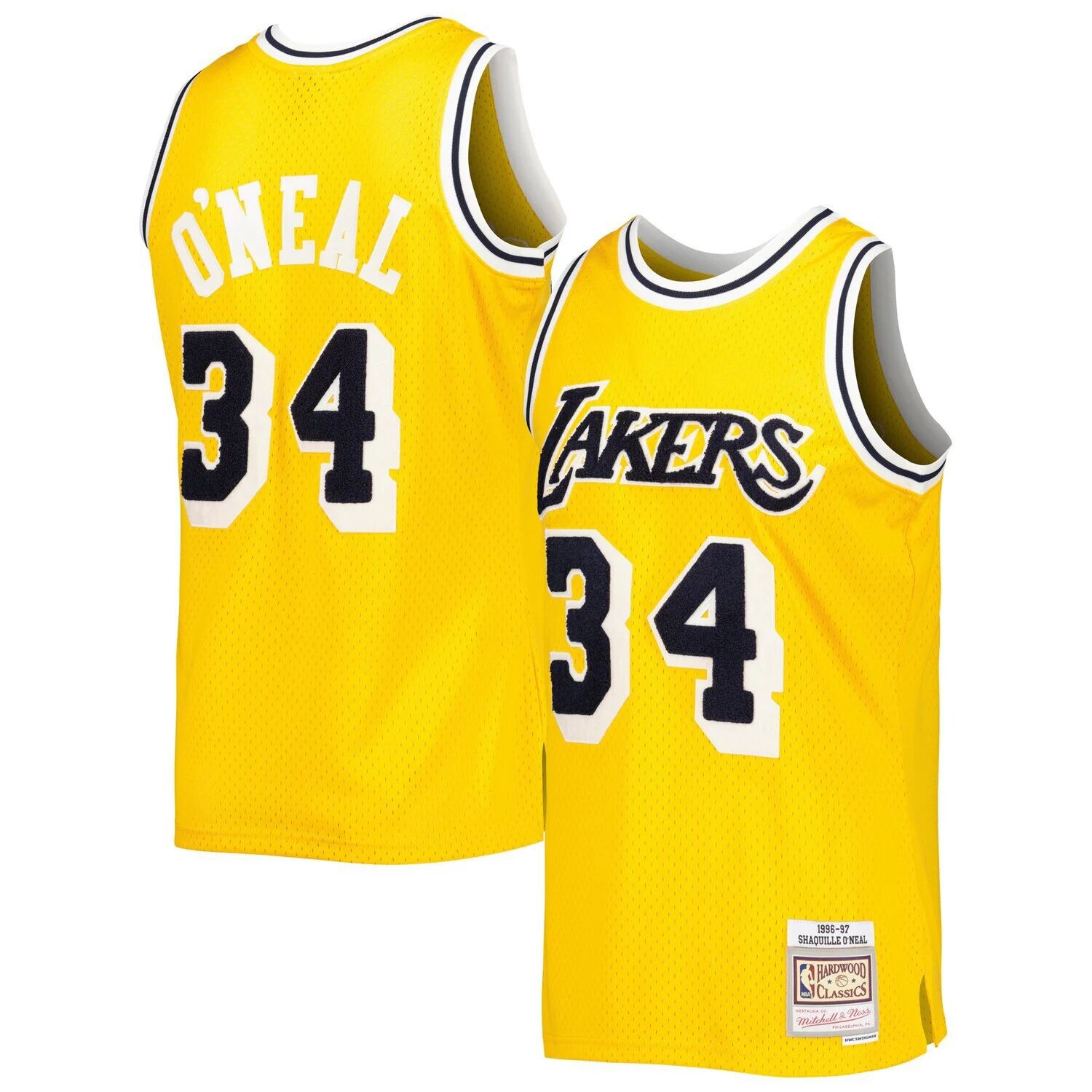Мужская желтая мужская майка Mitchell & Ness Shaquille O'Neal Los Angeles Lakers Hardwood Classics Off-Court Swingman