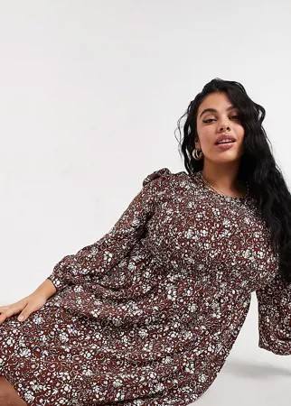 Платье мини с присборенной юбкой и винтажным цветочным принтом Fashion Union Plus-Коричневый цвет