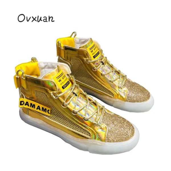 Блестящие золотые ботинки-мартинсы OVXUAN, мужские повседневные роскошные дизайнерские ботинки со стразами, удобные ботильоны 2021