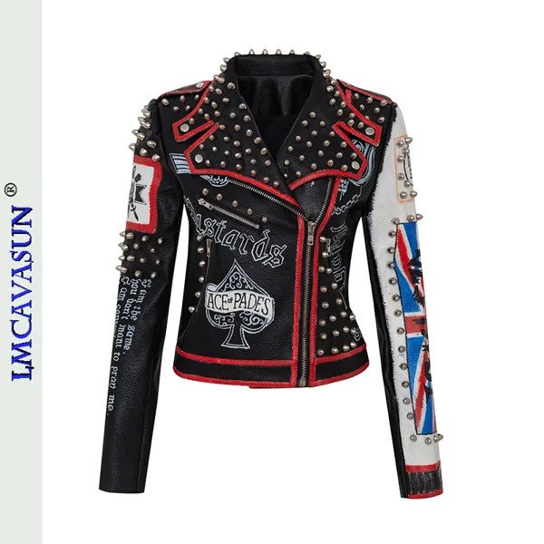Таиландский модный бренд Женская кожаная куртка с заклепками модный принт Рок Панк куртка для выступлений Кожаная Мотоциклетная одежда