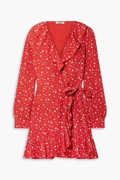 Платье мини с запахом и шелковым крепом с принтом и оборками Miu Miu, цвет Tomato red
