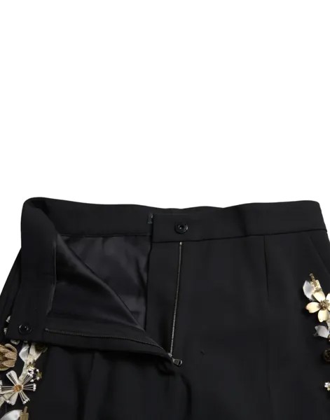 Dolce & Gabbana Элегантные женские брюки с высокой талией и цветочной тесьмой, черный