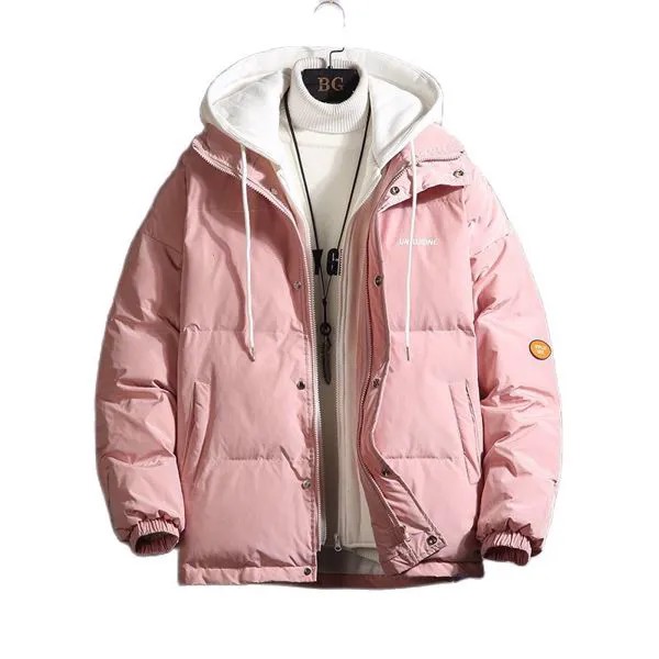 Зимняя хлопковая куртка, парки, Мужская имитация двух предметов, зимняя розовая одежда, высокое качество, пары с капюшоном, пальто для сохра...