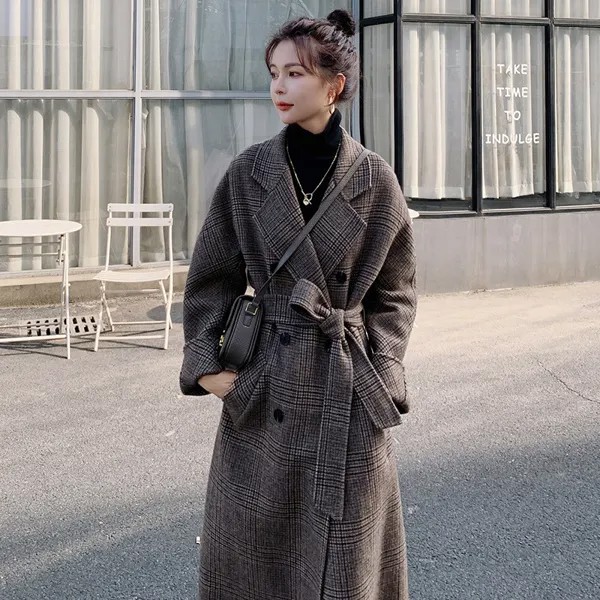 Женское шерстяное пальто с длинным рукавом, длинное зимнее двубортное свободное пальто в клетку кофейного цвета, украинская модная качеств...