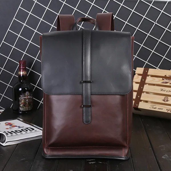 Рюкзак мужской из экокожи, большой винтажный ранец для школы и офиса, сумка на ремень для ноутбука, однотонный портфель коричневого цвета