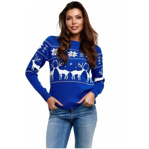 Шерстяной свитер, классический скандинавский орнамент с Оленями и снежинками, натуральная шерсть, васильковый цвет, размер S