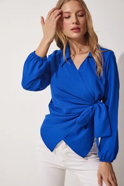 Блуза из хлопкового атласа с поясом и запахом Happiness İstanbul, синий