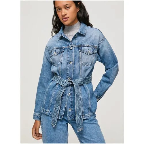 Джинсовая куртка  Pepe Jeans Moira, демисезон/лето, средней длины, силуэт прямой, карманы, пояс/ремень, размер M, голубой