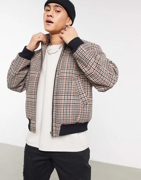 Серый oversized-бомбер из смесовой шерсти в клетку с высоким воротом ASOS DESIGN-Белый