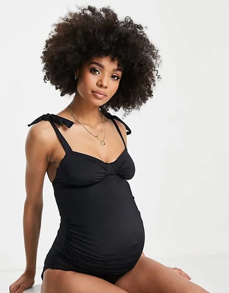 Черный купальник со сборками и завязками на плечах ASOS DESIGN Maternity