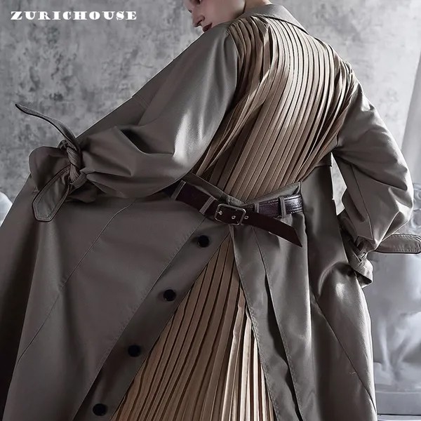 Женская Лоскутная ветровка ZURICHOUSE, длинный модный тренчкот с отложным воротником и складками, весна