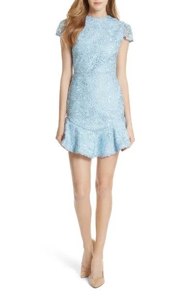 ALICE + OLIVIA Светло-голубое гипюровое кружевное вечернее платье с изогнутым подолом и короткими рукавами 8 США