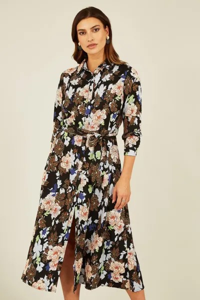 Платье-рубашка миди с длинными рукавами с цветами и животными Mela, черный