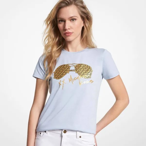 Футболка Michael Michael Kors Metallic Logo Aviator Print Organic Cotton, светло-голубой