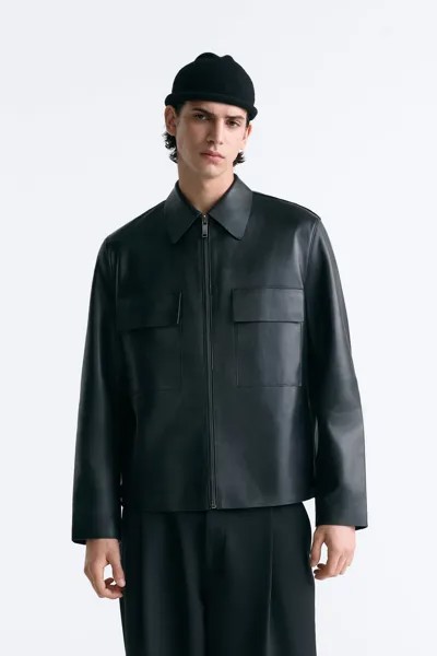 Кожаный пиджак ZARA, черный