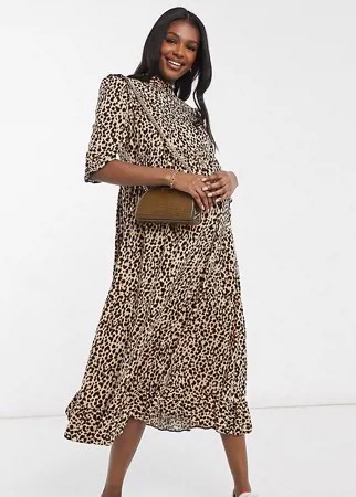 Платье миди со звериным принтом и рюшами New Look Maternity-Коричневый цвет