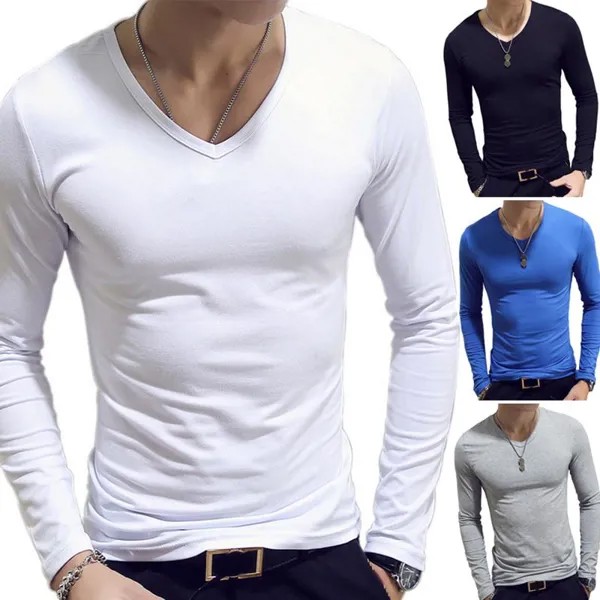Упругие Мужская футболка V-Neck Длинные рукава Мужчины T Рубашка для мужчин Хлопок футболки Человек Одежда TShirt Top Tees