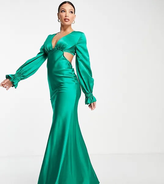 Атласное платье макси косого кроя с пышными рукавами на манжетах ASOS DESIGN Tall-Зеленый цвет