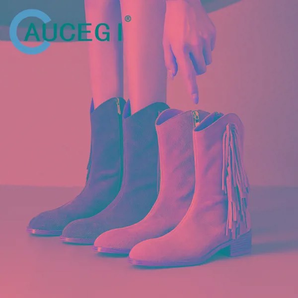 Женские ботильоны в западном стиле Aucegi, замшевые ботинки из коровьей кожи с круглым носком на толстом каблуке, Уличная обувь на молнии с кисточками, большие размеры 34-43, абрикосового и коричневого цвета