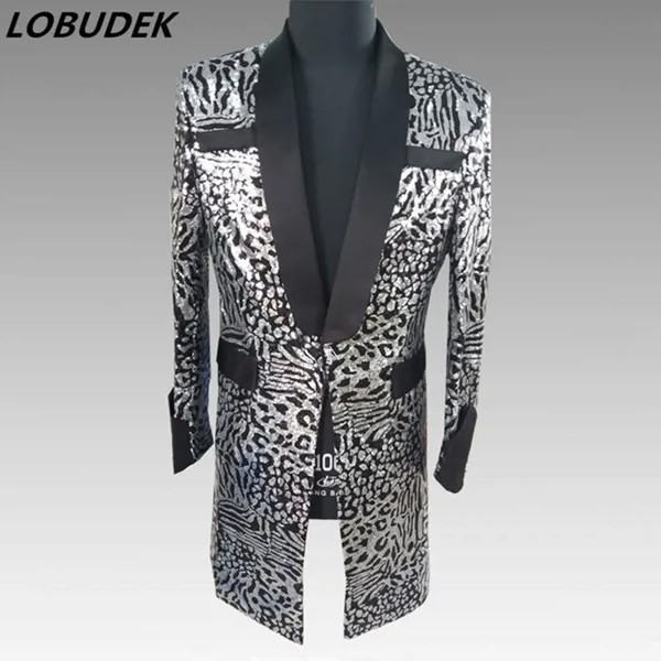 Мужской серебристый длинный пиджак с блестками, приталенный, для выступления в ночном клубе, танцевальная одежда