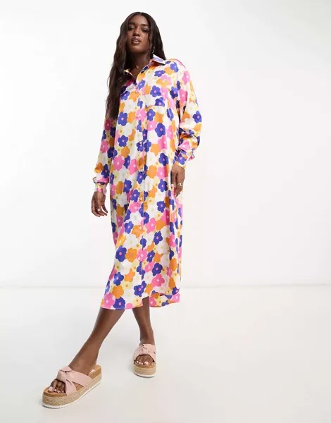 Разноцветное атласное платье-рубашка макси Monki с цветочным принтом