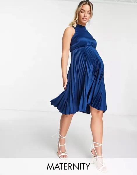 Темно-синее плиссированное платье миди для беременных с высоким воротником и складками Closet London