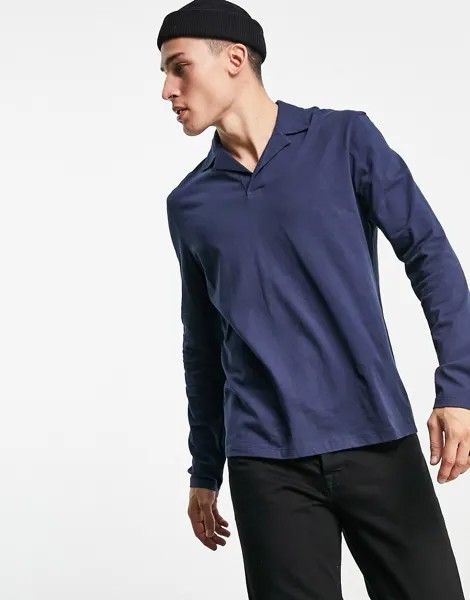 Темно-синее поло с длинными рукавами и отложным воротником ASOS DESIGN-Темно-синий