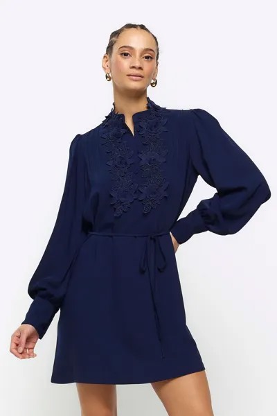 Свободное мини-платье с цветочным узором и завязкой на талии River Island, синий