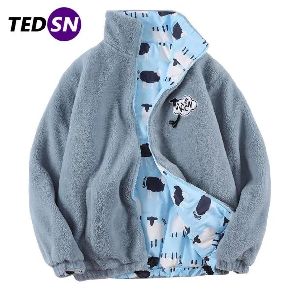 TEDSN шерстяное двухстороннее Пальто Harajuku зимняя пуховая куртка на молнии уличная одежда оверсайз 2021 Корейская мультяшная мужская женская ве...