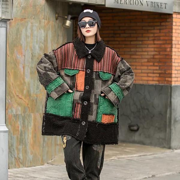 SuperAen модная уличная одежда контрастные цвета лоскутные джинсы утолщенный кашемировый кардиган размера плюс женская куртка