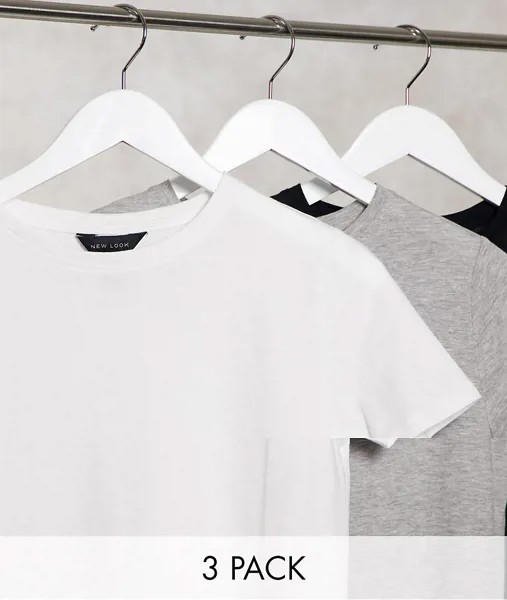 Набор из трех однотонных футболок черного, белого и серого цвета New Look-Черный