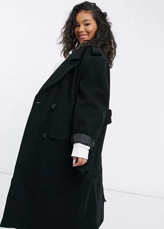 Черное пальто с поясом ASOS DESIGN Curve Luxe-Черный цвет