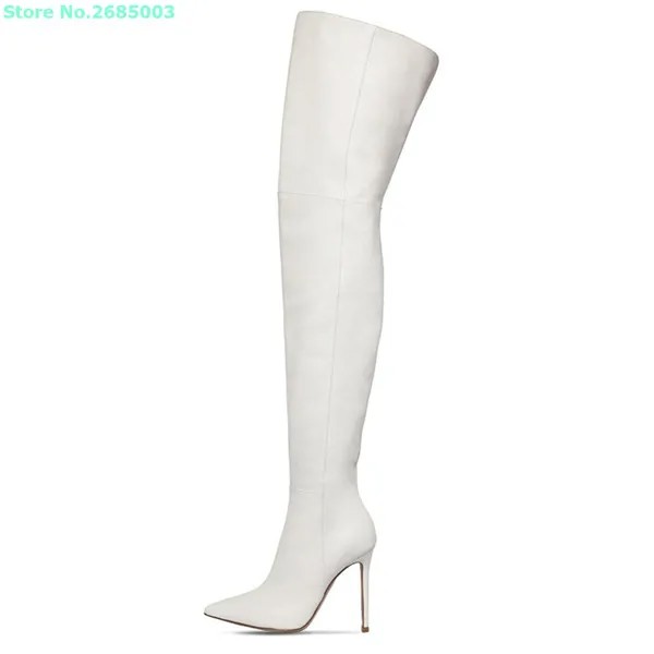Женские лакированные сапоги выше колена, белые однотонные сапоги с острым носком на тонком высоком каблуке, Осень-зима 2021