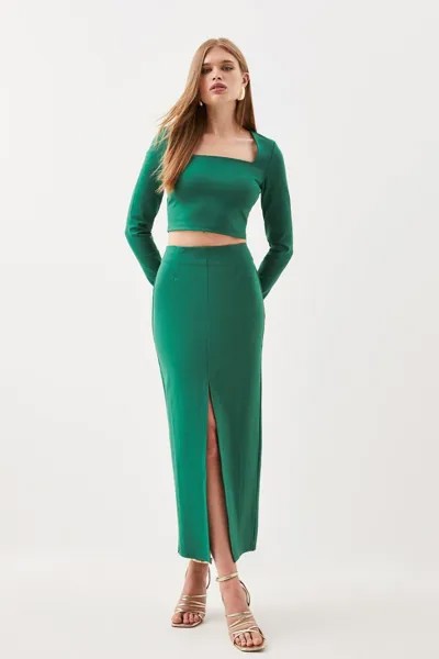 Комплект из укороченного топа с длинными рукавами Ponte и юбки с разрезом спереди Karen Millen, зеленый