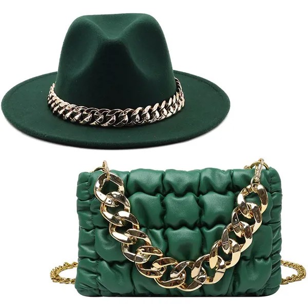 Lady s Top Hat Клатч Комбинированный набор Сплошной цвет Шерстяная женская шляпа с цепочками Украшение и PU Кожа Мягкие сумки