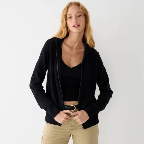 Кашемировый свитер-толстовка с капюшоном на молнии J.Crew, черный