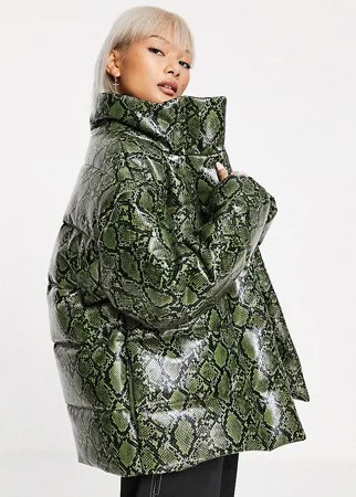 Блестящая дутая куртка с принтом под змеиную кожу COLLUSION-Зеленый цвет