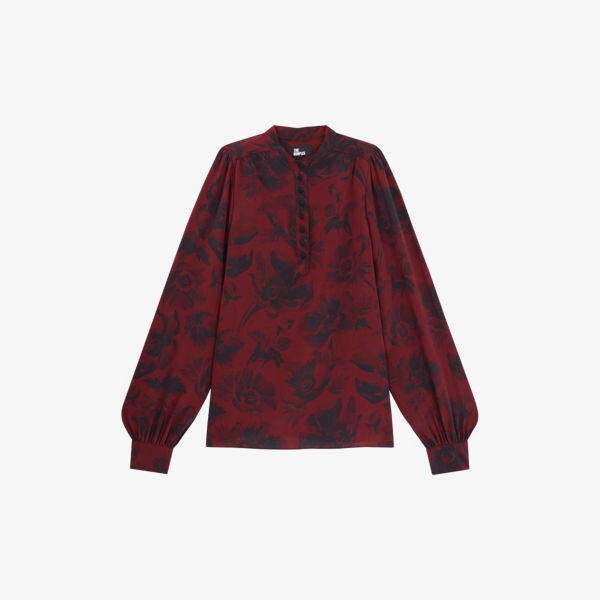 Шелковая блузка с цветочным принтом и воротником на пуговицах The Kooples, черный