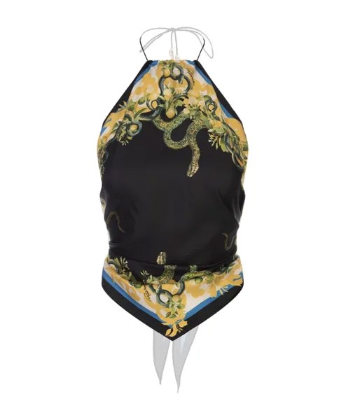 Шелковый топ S без рукавов со змеиным узором и шнуровкой сзади Roberto Cavalli, черный