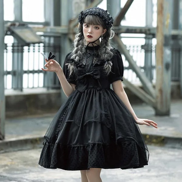 Женское Сетчатое платье с коротким рукавом Goth Sweet, черное Сетчатое платье в стиле японской Лолиты, одежда для косплея принцессы в стиле Харадзюку на лето
