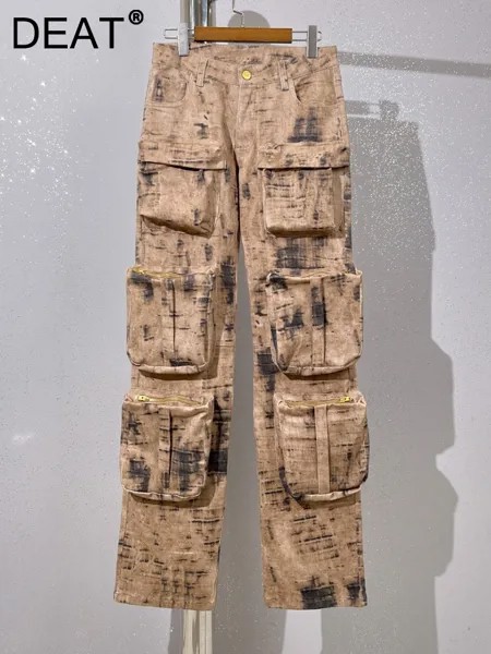 Женские джинсы на молнии DEAT, свободные камуфляжные прямые брюки из денима с высокой талией и большими карманами, 17A8226, лето 2023