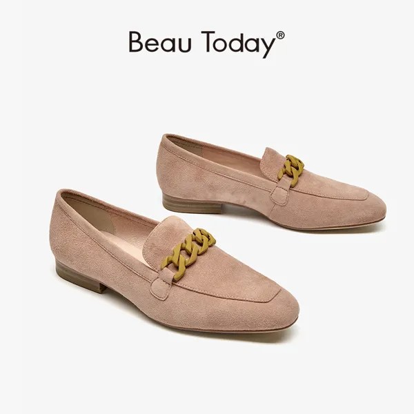 Лоферы BeauToday женские замшевые, квадратный носок, металлическая цепочка, плоская подошва, без застежки, ручная работа, 27401